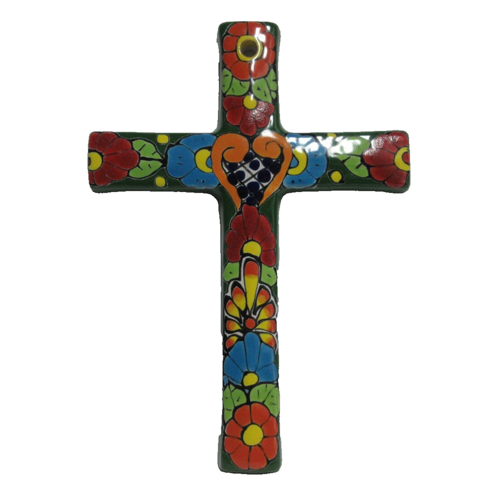Tonala Folk Art Pottery Cross, Musabel Mexico Signed Colorful 12" T X 8.5" W